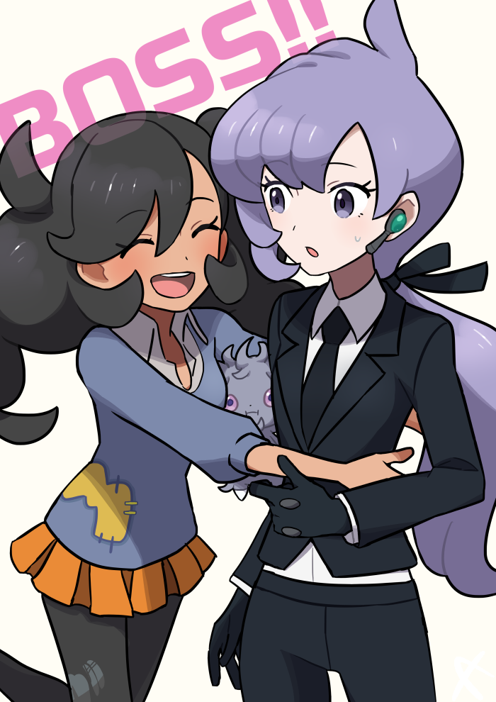 2girls, :i, anabel_(pokemon), black_hair, closed_eyes, collared_shirt, cowboy_shot, dark-skinned_female