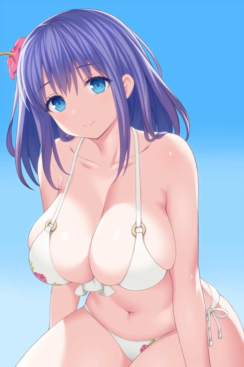 1girl, asamura_hiori, bare_shoulders, bikini, blue_eyes, blue_sky, blush, breasts