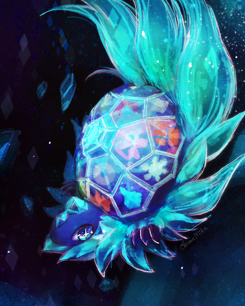 +_+, animal_focus, blue_eyes, commentary_request, from_side, glowing, highres, nintendo, no_humans, okame_miko, pokemon, pokemon_(creature), shards, shell, terapagos, terapagos_(terastal), watermark