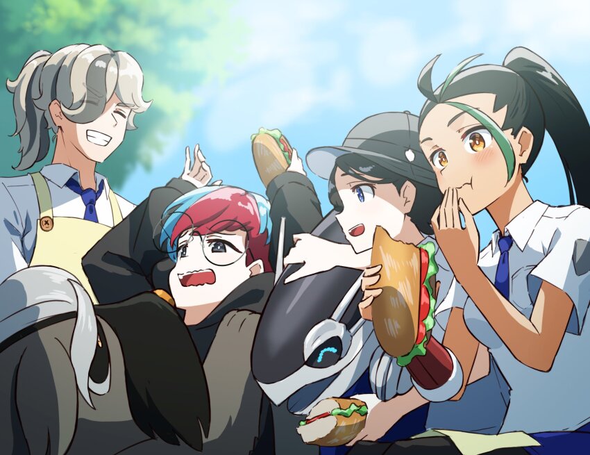 1boy, 3girls, :t, apron, arms_up, arven_(pokemon), black_hair, black_hoodie, black_pantyhose, blue_hair, blue_necktie, blue_shorts, blurry, blurry_background, blush, brown_eyes, closed_mouth, collared_shirt, commentary_request, day, eating, food, glasses, green_hair, grey_headwear, hands_up, hat, highres, holding, holding_food, hood, hoodie, hyoe_(hachiechi), juliana_(pokemon), lettuce, long_sleeves, mabosstiff, miraidon, multicolored_hair, multiple_girls, necktie, nemona_(pokemon), nintendo, open_mouth, outdoors, pantyhose, pantyhose_under_shorts, penny_(pokemon), pokemon, pokemon_(creature), pokemon_scarlet_and_violet, ponytail, red_hair, round_eyewear, sandwich, shirt, short_hair, short_sleeves, shorts, teeth, tomato, tomato_slice, tongue, two-tone_hair, upper_teeth_only, white_shirt, yellow_apron