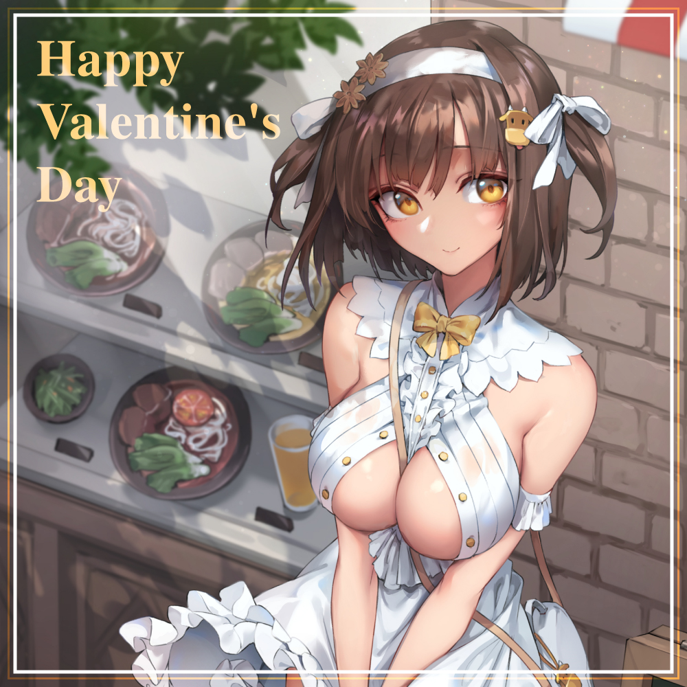 1girl, bag, between_breasts, border, bow, bowtie, breasts, brick_wall