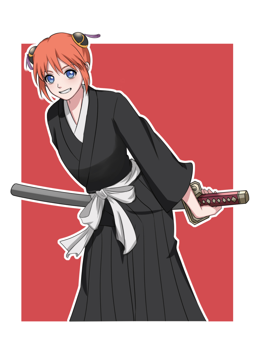 1girl, black_hakama, black_kimono, bleach, blue_eyes, border, bun_cover, cosplay