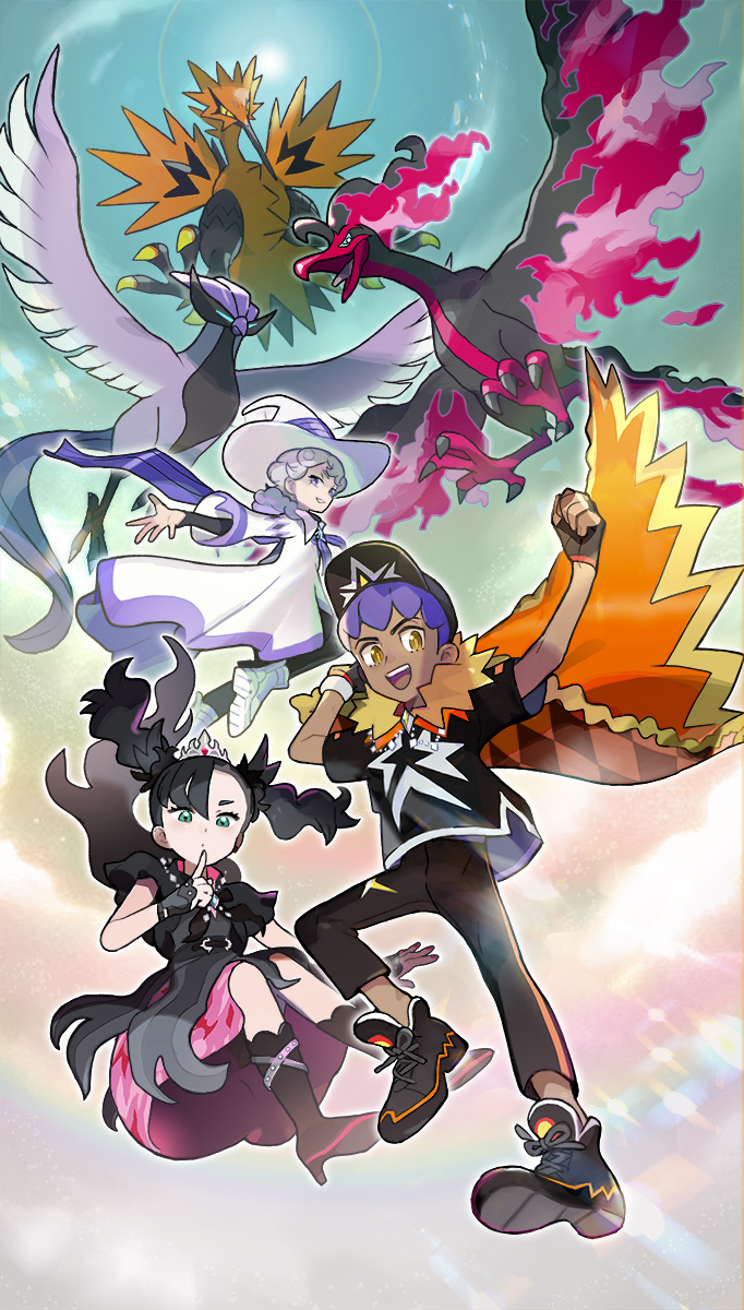 1girl, 2boys, artist_request, baseball_cap, bede_(champion)_(pokemon), bede_(pokemon), black_footwear, black_hair, boots, cape, clenched_hand, commentary_request, curly_hair, dark-skinned_male, dark_skin, dress, fingerless_gloves, fur-trimmed_cape, fur_trim, galarian_articuno, galarian_form, galarian_moltres, galarian_zapdos, gen_8_pokemon, gloves, green_eyes, grey_hair, hat, highres, hop_(champion)_(pokemon), hop_(pokemon), legendary_pokemon, looking_at_viewer, marnie_(champion)_(pokemon), marnie_(pokemon), multiple_boys, nintendo, official_alternate_costume, official_art, open_mouth, outstretched_arm, pokemon, pokemon_(creature), pokemon_masters_ex, purple_hair, short_hair, sky, smile, talons, teeth, tongue, twintails, upper_teeth_only, white_headwear, wings, yellow_eyes