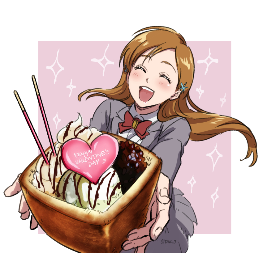 1girl, bleach, bread, brown_hair, closed_eyes, food, grey_jacket, hair_ornament