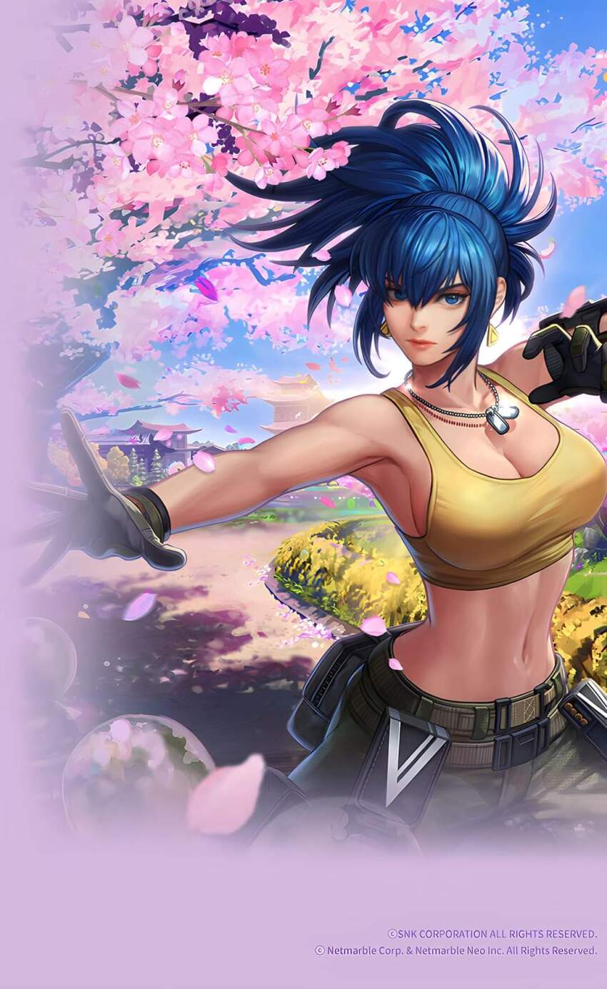 1girl, ai-assisted, artist_request, belt, blue_hair, breasts, camouflage, camouflage_pants, cherry_blossoms, cherry_tree, cleavage, copyright_notice, disclaimer, dog_tags, earrings, falling_petals, floral_background, gloves, highres, jewelry, large_breasts, leona_heidern, midriff, navel, non-web_source, official_art, official_wallpaper, pants, petals, tank_top, the_king_of_fighters, the_king_of_fighters_all-stars, the_king_of_fighters_xv, toned, triangle_earrings, yellow_tank_top