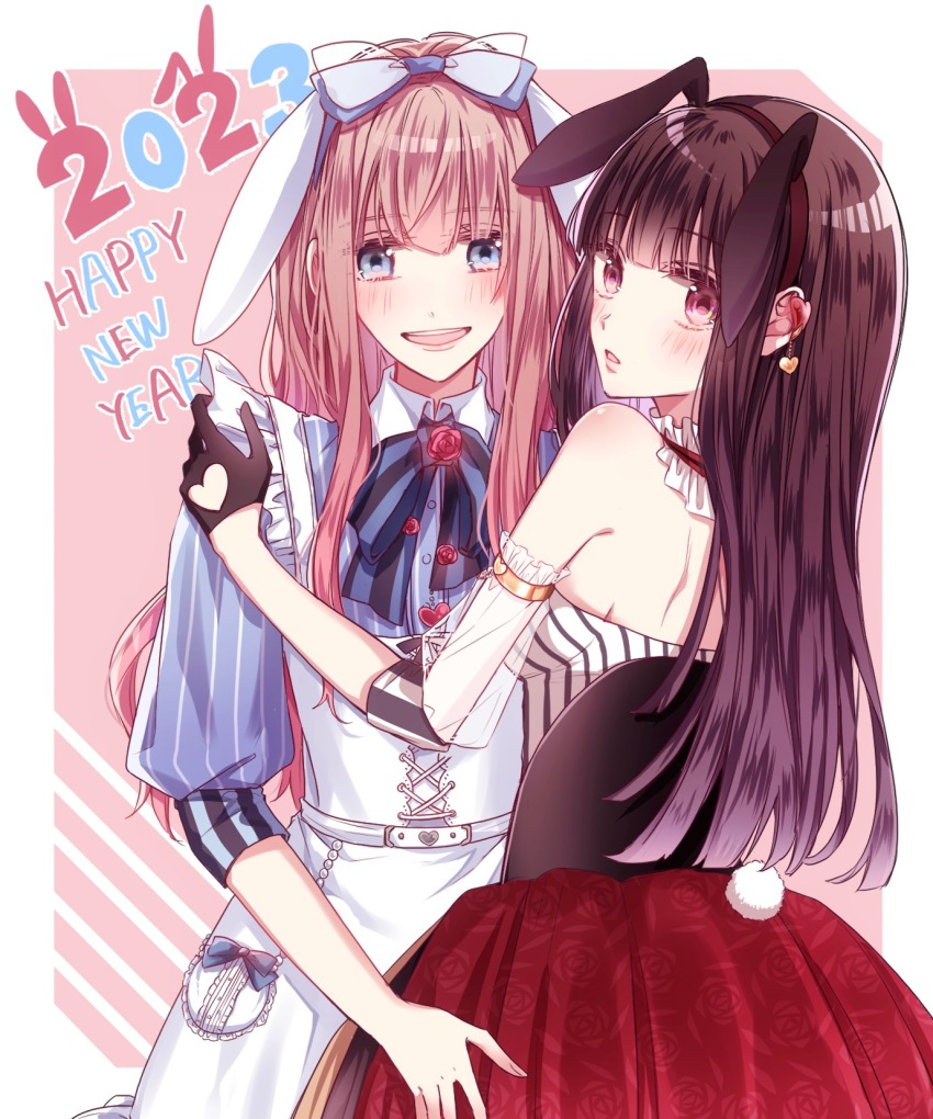 2023, 2girls, aiaiharuharu, airi_(shiro_to_kuro_no_alice), animal_ears, black_hair, blonde_hair, blue_eyes