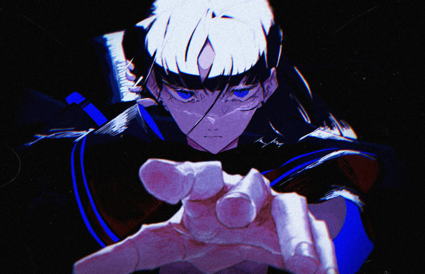 1girl, ado_(utaite), black_hair, blue_eyes, blunt_bangs, closed_mouth, dark_background, foreshortening, high_contrast, highres, kaniebiuni, looking_at_viewer, naima_(ado), outstretched_arm, reaching, reaching_towards_viewer, solo, upper_body, usseewa, utaite