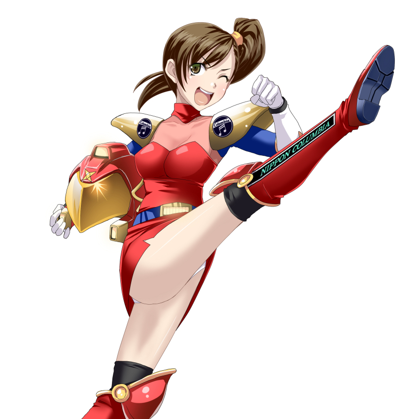 armor, belt, black_thighhighs, blue_belt, blue_sleeves, boots, breasts, brown_eyes