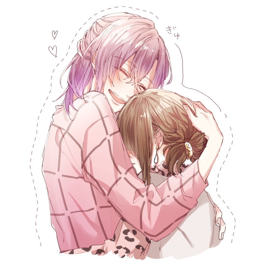 1boy, 1girl, aiaiharuharu, amasawa_akari, blush, brown_hair, leopard_print, closed_eyes, earrings, grey_vest, hair_bun, highres, hug, jewelry, long_sleeves, looking_at_viewer, pink_shirt, purple_hair, shirt, sympathykiss, tainaka_nori, turtleneck, vest, white_background