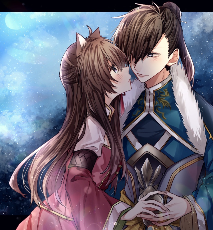 1boy, 1girl, aiaiharuharu, animal_ears, black_hair, blush, brown_eyes, brown_hair