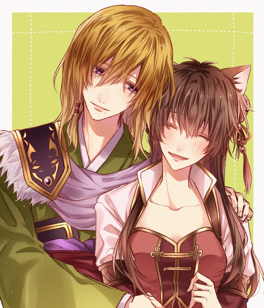 1boy, 1girl, aiaiharuharu, animal_ears, blonde_hair, breasts, brown_hair, chouryou_(juuzaengi), cleavage, closed_eyes, closed_mouth, facing_viewer, hetero, highres, juuzaengi_~engetsu_sangokuden~, kan'u_(juuzaengi), long_hair, looking_at_viewer, medium_breasts, open_mouth, purple_eyes, red_shirt, shirt, smile