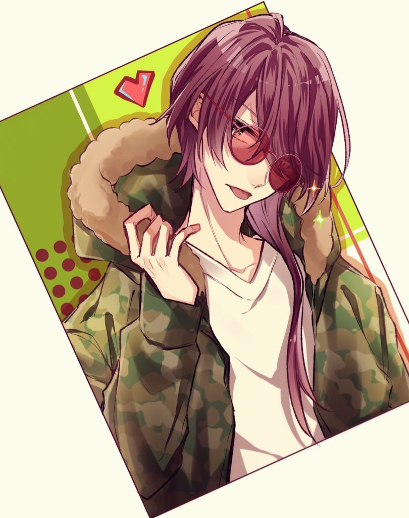 1boy, aiaiharuharu, camouflage, camouflage_jacket, fur-trimmed_jacket, fur_trim, green_background, green_eyes, hair_over_one_eye, hood, hood_down, jacket, long_sleeves, looking_at_viewer, male_focus, purple_hair, solo, sunglasses, tengoku_struggle, tongue, tongue_out, toushuusai_sharaku_(tengoku_struggle), white_background