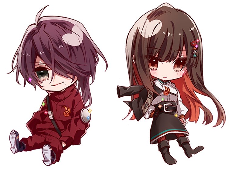 1boy, 1girl, :3, aiaiharuharu, brown_hair, chibi, collared_shirt, colored_inner_hair, enma_rin, grey_eyes, hair_over_one_eye, jacket, long_hair, long_sleeves, mole, mole_under_eye, multicolored_hair, purple_hair, red_eyes, shirt, tengoku_struggle, toushuusai_sharaku_(tengoku_struggle), white_background