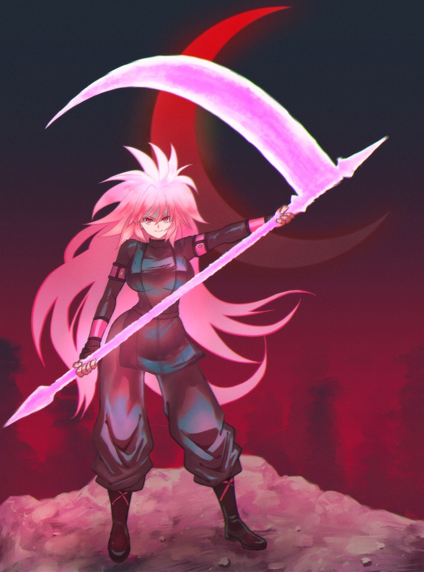 1girl, alto_(natsusansai), breasts, commentary, contrapposto, crescent_moon, dragon_ball, dragon_ball_super, full_body, genderswap, genderswap_(mtf), goku_black, highres, holding, holding_scythe, large_breasts, long_hair, moon, pink_eyes, pink_hair, scythe, solo, super_saiyan, super_saiyan_rose, very_long_hair