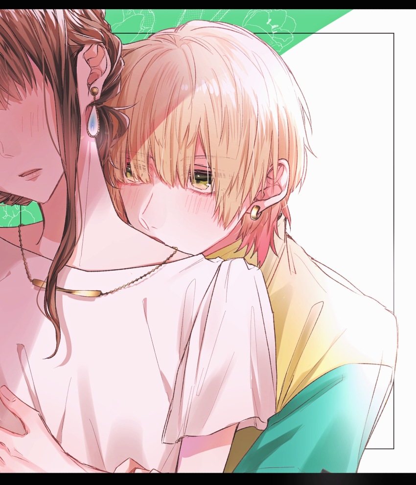 1boy, 1girl, aiaiharuharu, amasawa_akari, blonde_hair, blue_shirt, blush, brown_hair