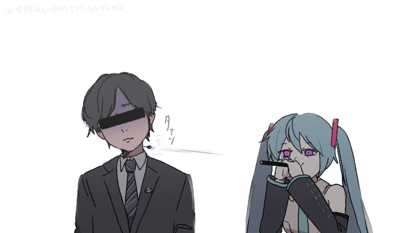 1boy, 1girl, alternate_eye_color, aqua_hair, aqua_necktie, arufa_faru, bar_censor, bare_shoulders