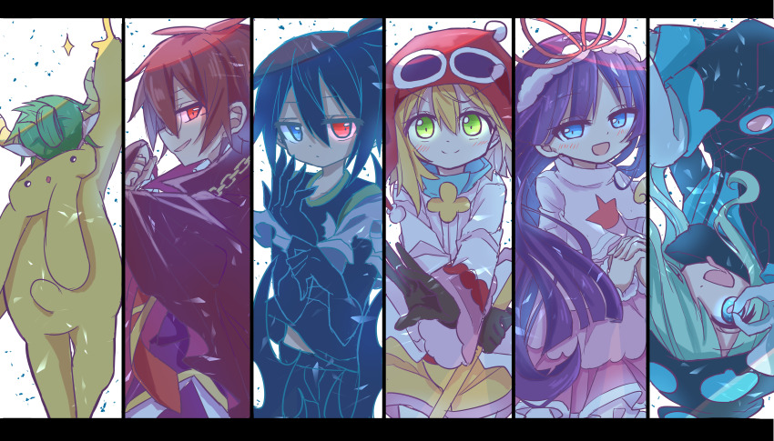 2girls, 4boys, absurdres, amitie_(puyopuyo), aqua_hair, black_sig, blonde_hair, blue_eyes, blush, brown_hair, cape, ecolo_(puyopuyo), feli_(puyopuyo), futaba969649, glasses, green_eyes, green_hair, heterochromia, highres, klug_(puyopuyo), long_hair, looking_at_viewer, madou_monogatari, multiple_boys, multiple_girls, open_mouth, puyopuyo, puyopuyo_20th_anniversary, puyopuyo_7, puyopuyo_fever, puyopuyo_fever_2, puyopuyo_quest, red_amitie, red_eyes, satan_(puyopuyo), short_hair, sig_(puyopuyo), smile, strange_klug, unusual_ecolo, white_background, white_feli, yellow_satan_(puyopuyo)