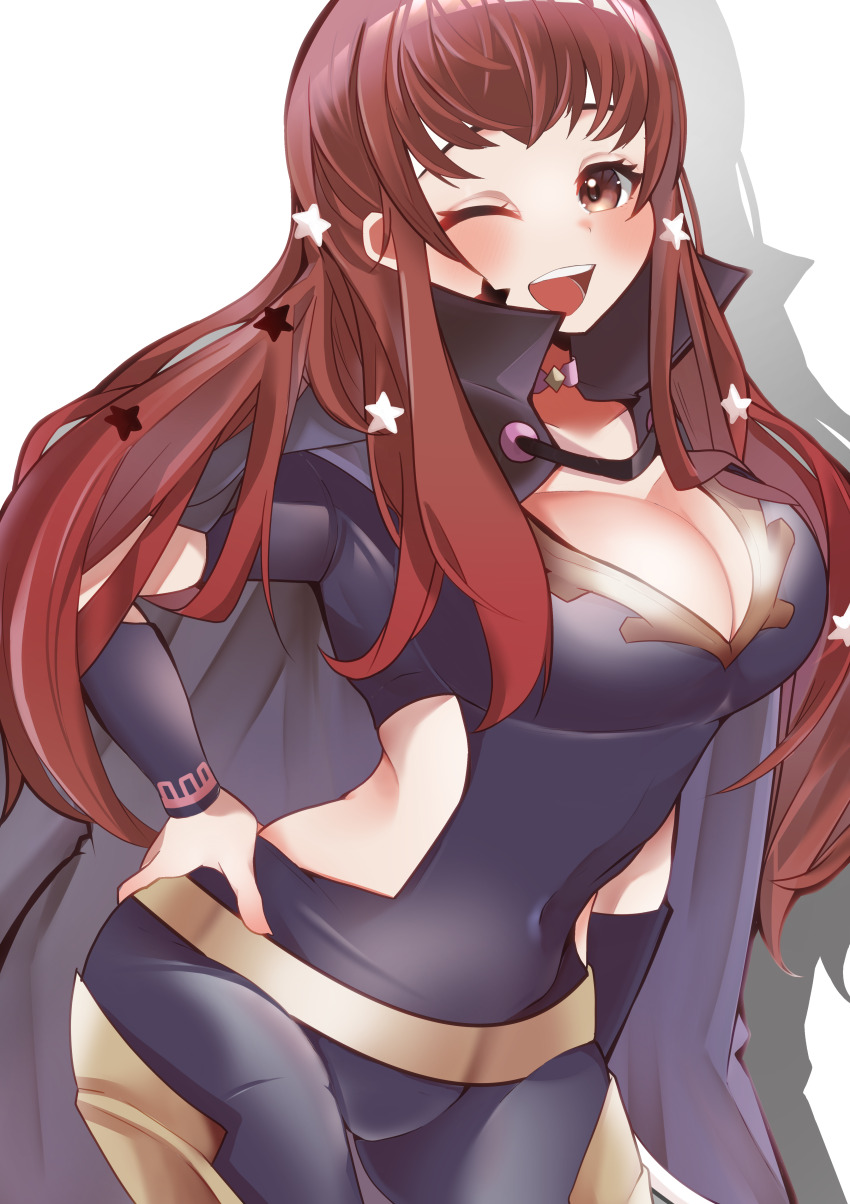 1girl, ;d, absurdres, belt, blush, bodysuit, breasts, cape