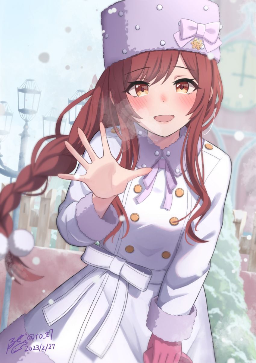 1girl, blush, braid, breath, coat, cold, fur_hat, gloves, hat, hat_ribbon, highres, idolmaster, idolmaster_shiny_colors, long_hair, long_sleeves, looking_at_viewer, official_alternate_costume, official_alternate_hairstyle, open_mouth, osaki_amana, papakha, pink_hat, red_hair, ribbon, roze_(ro_z7), single_braid, single_glove, smile, snowing, solo, standing, swept_bangs, trench_coat, waving, white_coat, winter, winter_clothes, yellow_eyes
