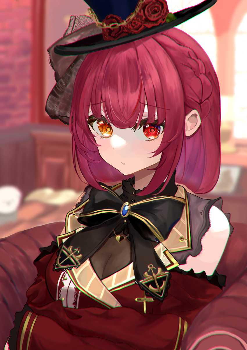 1girl, absurdres, bare_shoulders, blurry, bob_cut, bow, braid, breasts