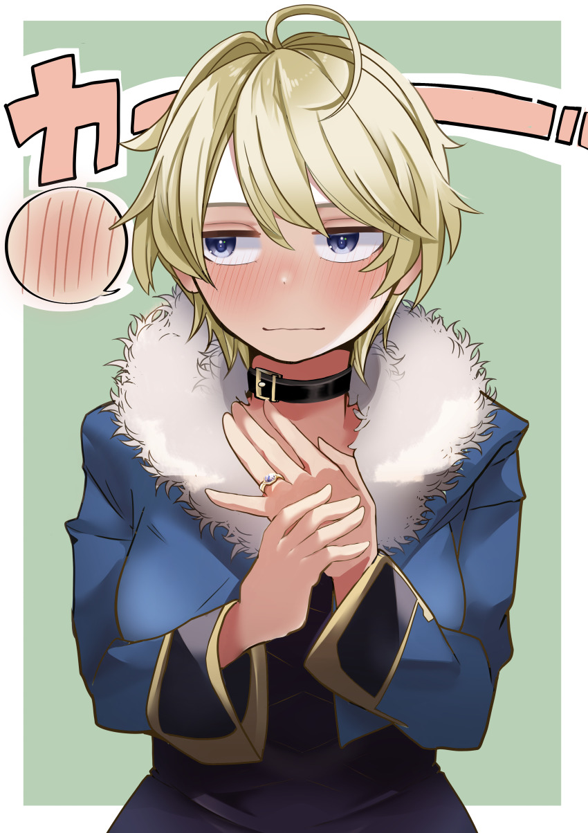 1girl, absurdres, ahoge, belt_buckle, belt_collar, black_collar, blonde_hair, blue_eyes