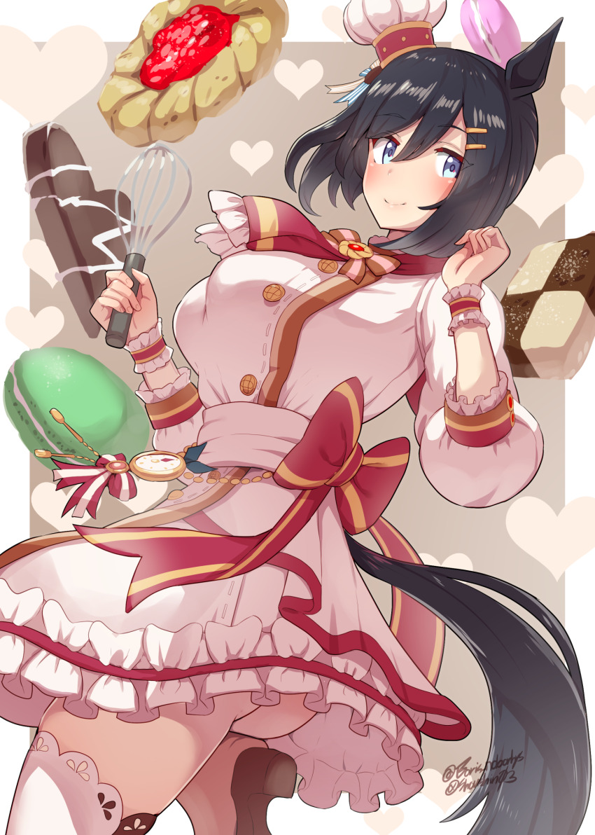 1girl, animal_ears, back_bow, black_hair, blue_eyes, bob_cut, boots, boris_(noborhys), bow, candy, chef_hat, chocolate, chocolate_heart, closed_mouth, commentary, cookie, cowboy_shot, dress, eishin_flash_(precise_chocolatier)_(umamusume), eishin_flash_(umamusume), food, frilled_cuffs, frilled_sleeves, frills, from_side, hair_ornament, hairclip, hat, heart, highres, holding, holding_whisk, horse_ears, horse_girl, horse_tail, leg_up, long_sleeves, looking_at_viewer, macaron, mini_chef_hat, mini_hat, neckerchief, official_alternate_costume, pocket_watch, red_bow, red_neckerchief, short_dress, short_hair, smile, solo, standing, standing_on_one_leg, tail, tart_(food), thighhighs, tilted_headwear, twitter_username, umamusume, valentine, watch, whisk, white_dress, white_hat, white_thighhighs