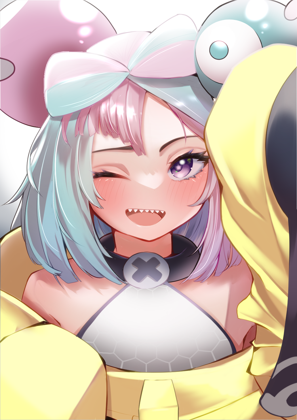 1girl, ;d, alternate_hair_length, alternate_hairstyle, asymmetrical_bangs, bare_shoulders, black_coat, blue_hair, blush, bow-shaped_hair, coat, eyelashes, gen_1_pokemon, gradient_background, halterneck, hexagon_print, highres, iono_(pokemon), light_blue_hair, long_sleeves, magnemite, medium_hair, multicolored_coat, multicolored_hair, nintendo, okun0325, one-eyed, one_eye_closed, open_mouth, pink_hair, pokemon, pokemon_(creature), pokemon_scarlet_and_violet, purple_eyes, screw, sharp_teeth, sleeves_past_fingers, sleeves_past_wrists, smile, solo, split-color_hair, star_(symbol), star_in_eye, symbol_in_eye, teeth, two-tone_coat, two-tone_hair, upper_body, x_(symbol), yellow_coat