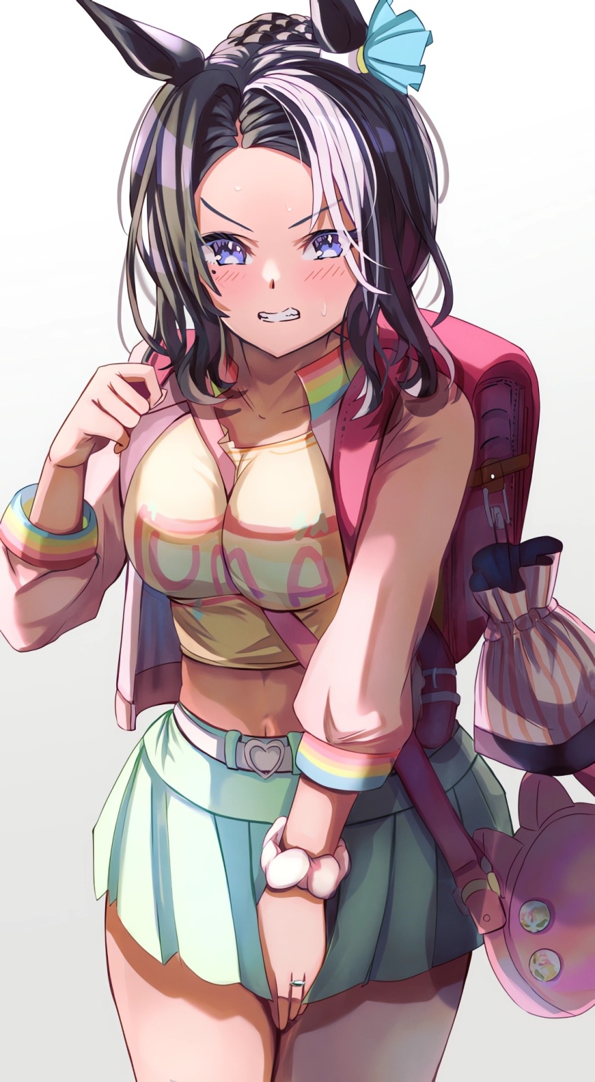 1girl, agnes_digital_(umamusume), alternate_costume, animal_ears, bag, between_breasts, black_hair, blush