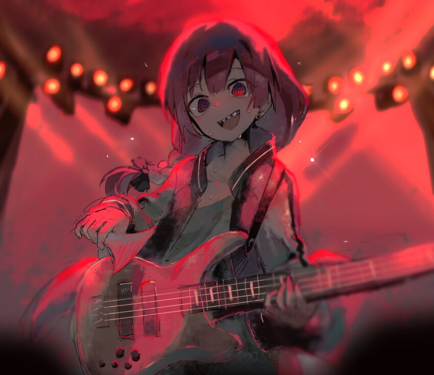 1girl, @_@, bachi, bass_guitar, black_bow, black_jacket, blurry, bocchi_the_rock!
