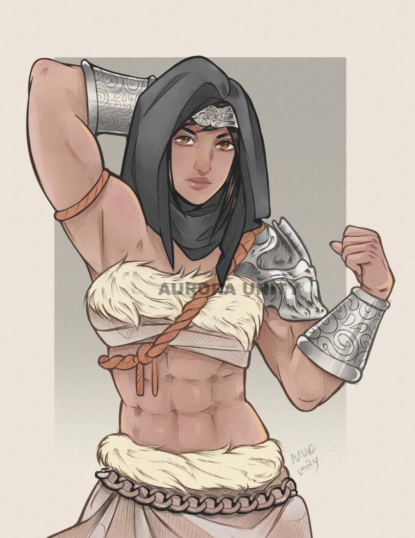 1girl, abs, arm_up, armor, aurora_unity, black_headscarf, black_headwear, brown_eyes, brown_hair, elden_ring, fur_trim, headband, headscarf, highres, midriff, muscular, muscular_female, nepheli_loux, shoulder_armor
