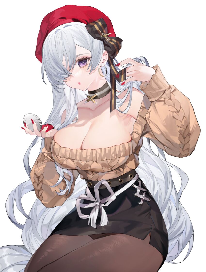 1girl, absurdres, aran_sweater, azur_lane, belfast_(azur_lane), belfast_(shopping_with_the_head_maid)_(azur_lane), beret, black_skirt, cable_knit, choker, earrings, grey_hair, hair_over_one_eye, hat, highres, hoop_earrings, jewelry, long_hair, off-shoulder_sweater, off_shoulder, official_alternate_costume, pantyhose, pencil_skirt, purple_eyes, red_hat, red_nails, ribbon, skirt, solo, sweater, tapioga2