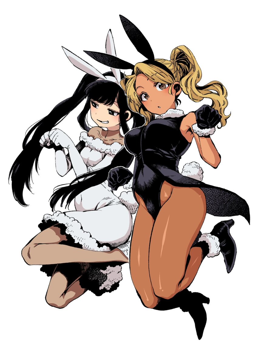 2girls, alternate_hairstyle, animal_costume, animal_ears, black_footwear, black_gloves, black_hair, black_hairband