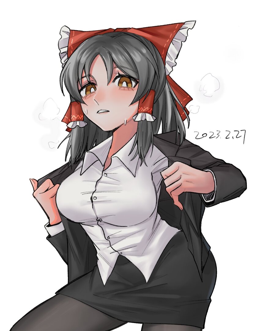 1girl, akaakaakaakashio, black_hair, black_jacket, black_pantyhose, black_skirt, blazer, blush, bow, breasts, bright_pupils, brown_eyes, buttons, collared_shirt, commentary_request, cookie_(touhou), cowboy_shot, dated, frilled_bow, frilled_hair_tubes, frills, hair_bow, hair_tubes, hakurei_reimu, highres, jacket, large_breasts, long_hair, long_sleeves, looking_at_viewer, office_lady, open_clothes, open_jacket, pantyhose, parted_lips, pencil_skirt, red_bow, sananana_(cookie), shirt, sidelocks, simple_background, skirt, solo, touhou, white_background, white_pupils, white_shirt