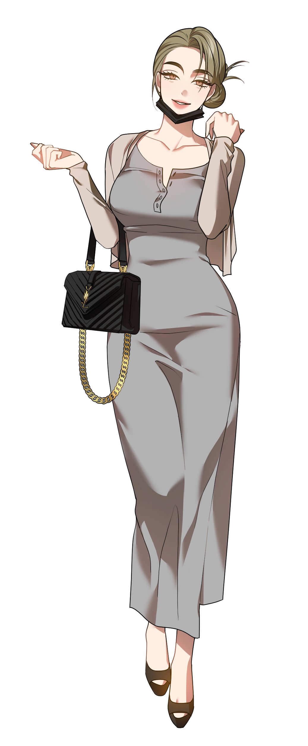 1girl, absurdres, bag, bosssama, breasts, brown_eyes, dress, elbow_carry