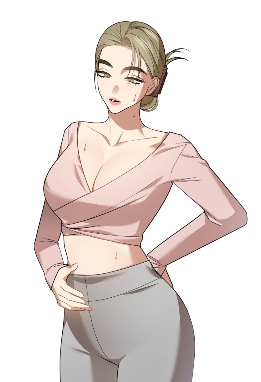 1girl, bosssama, breasts, brown_eyes, cleavage, cowboy_shot, crop_top, folded_ponytail, forehead, green_hair, grey_pants, highres, korean_commentary, large_breasts, long_sleeves, midriff, original, pants, parted_lips, simple_background, solo, sweat, white_background, yoga_pants