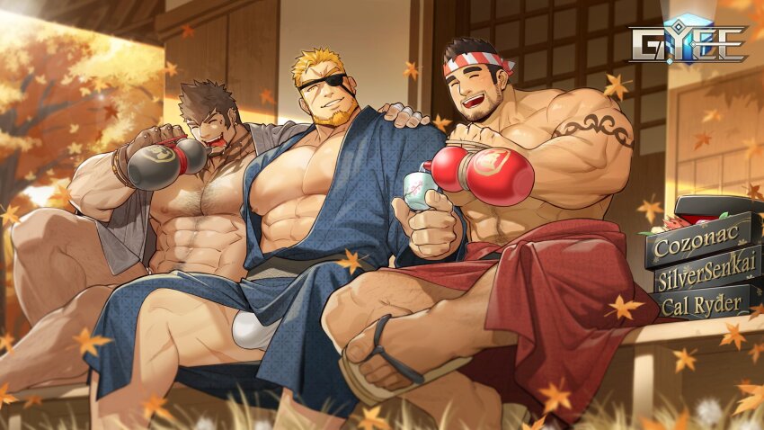 3boys, abs, alcohol, antonio_(gyee), arm_tattoo, autumn_leaves, bara, bare_pectorals