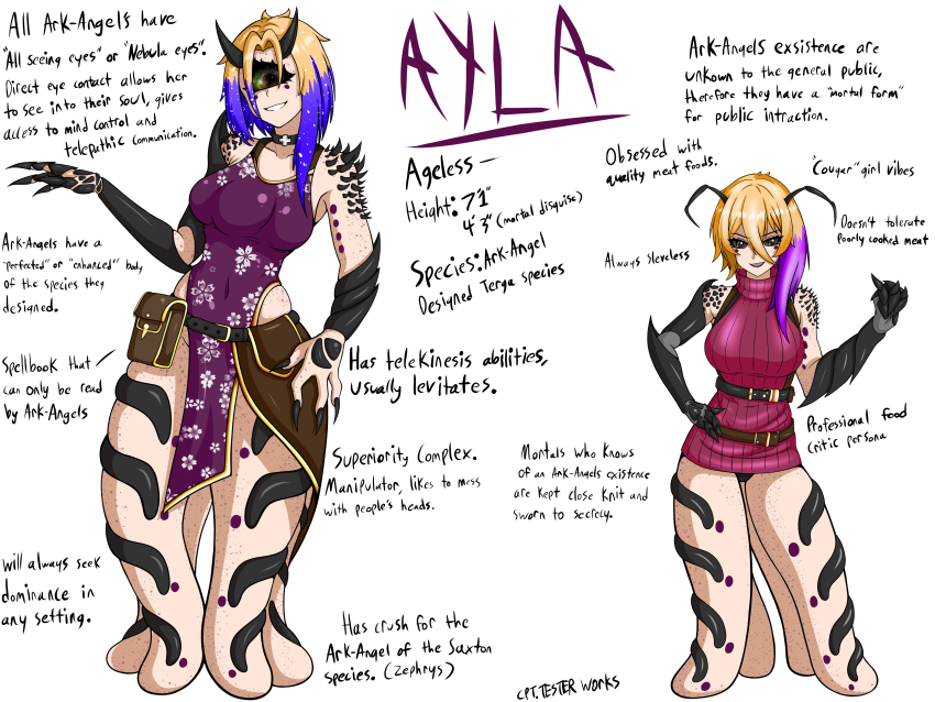 absurdres, antennae, asymmetrical_bangs, asymmetrical_hair, ayla_(cpt.tester), belt, reference_sheet, choker, claws, cpt.tester_works, cyclops, exoskeleton, extra_breasts, extra_legs, full_body, height_difference, highres, horns, multicolored_hair, nebula_eyes, one-eyed, one-piece_swimsuit, pouch, skirt, spikes, sweater, swimsuit, tattoo, turtleneck