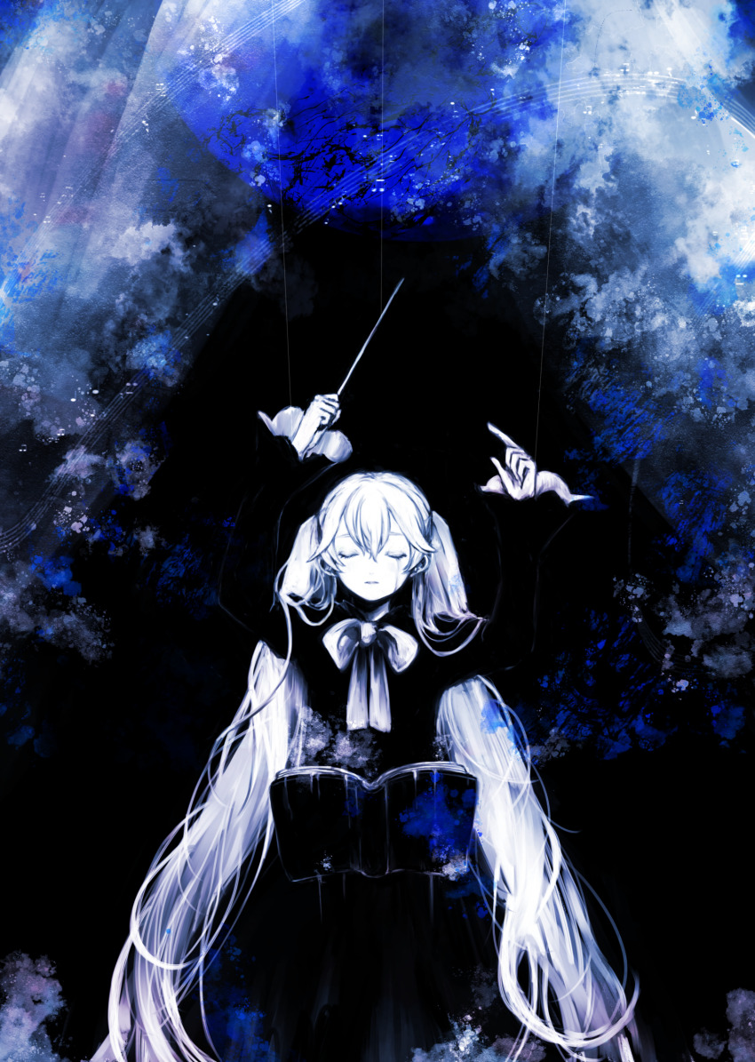 1girl, 3kuma, absurdres, arms_up, conductor_baton, blue_theme, book, bow