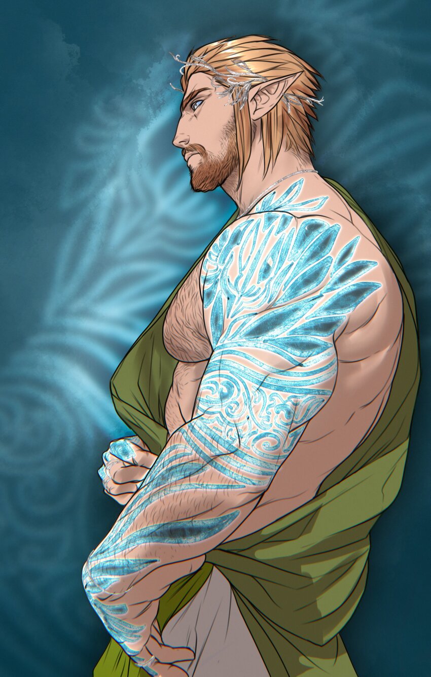 1boy, absurdres, bara, bare_arms, beard, blonde_hair, body_markings, chest_hair, cowboy_shot, elf, facial_hair, from_below, from_side, hair_slicked_back, highres, large_pectorals, male_focus, mature_male, movd_art, muscular, muscular_male, mustache, original, pectorals, pointy_ears, short_hair, sideburns, sidelocks, sidepec, sleeveless, solo, thick_eyebrows, tiara