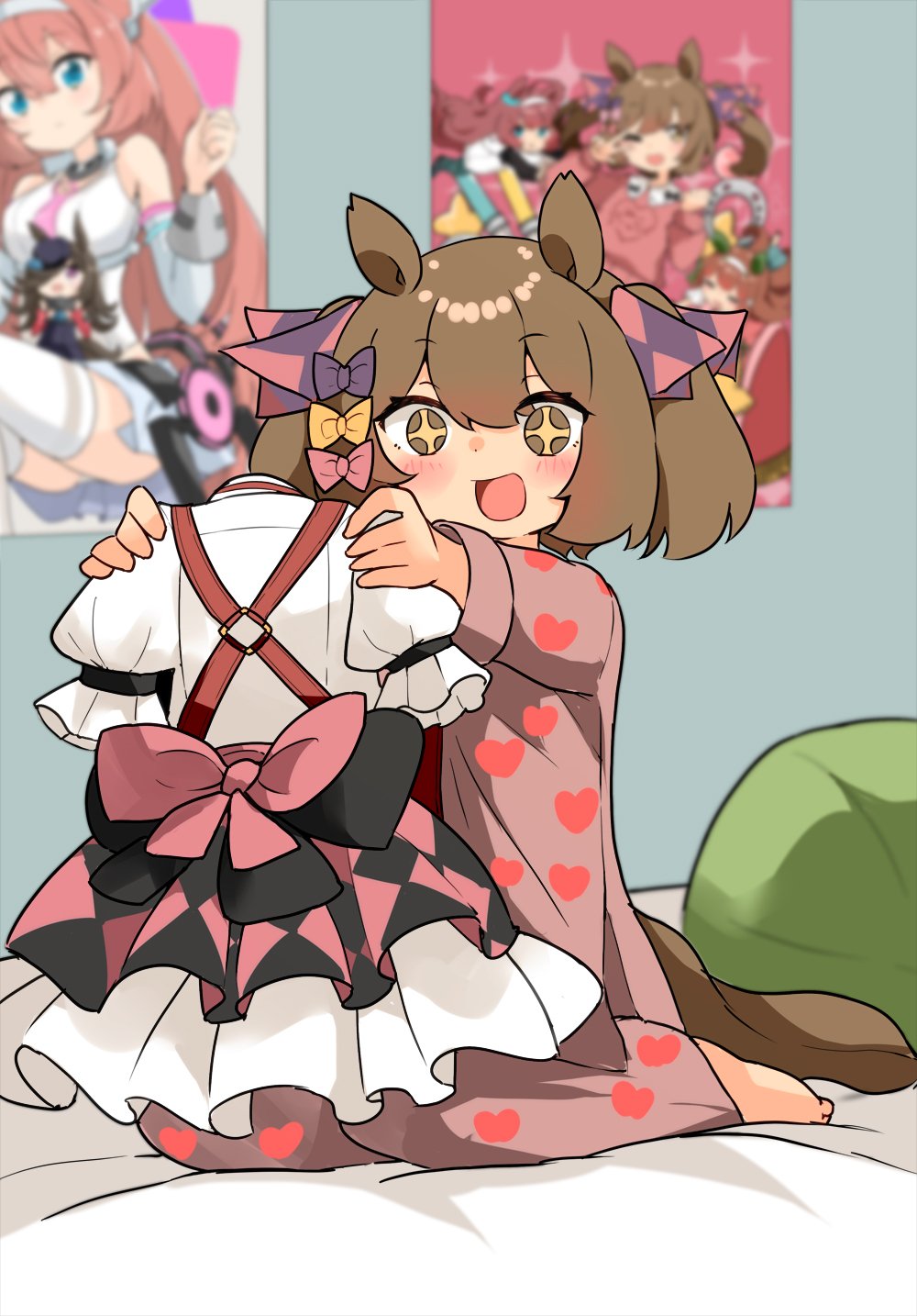 +_+, 1girl, :d, ;d, animal_ears, barashiya, barefoot, bow