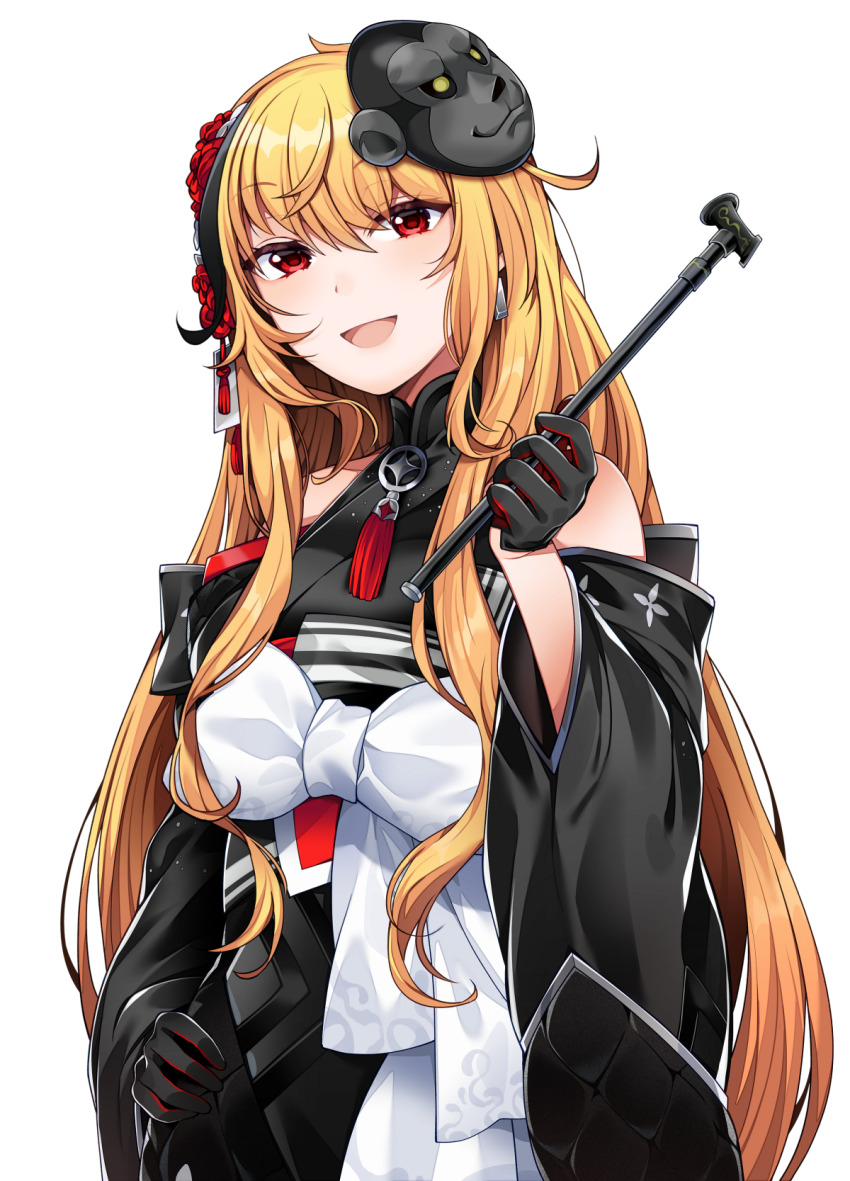 1girl, bare_shoulders, black_gloves, black_kimono, blonde_hair, commentary, detached_sleeves, english_commentary