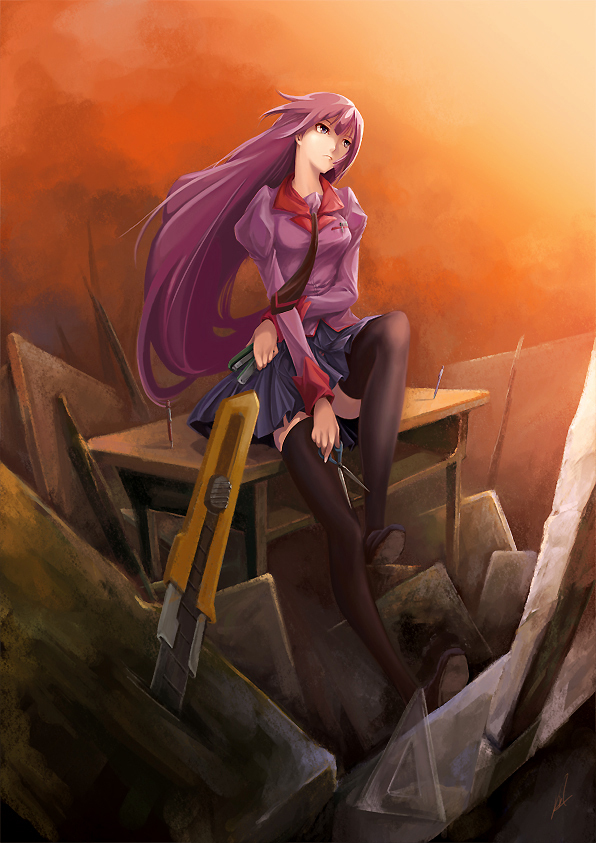 1girl, bakemonogatari, boxcutter, desk, female_focus, full_body, long_hair, monogatari_(series), pen, purple_eyes, purple_hair, school_uniform, scissors, senjougahara_hitagi, set_square, solo, stapler, thighhighs, togenagi_futaba, very_long_hair