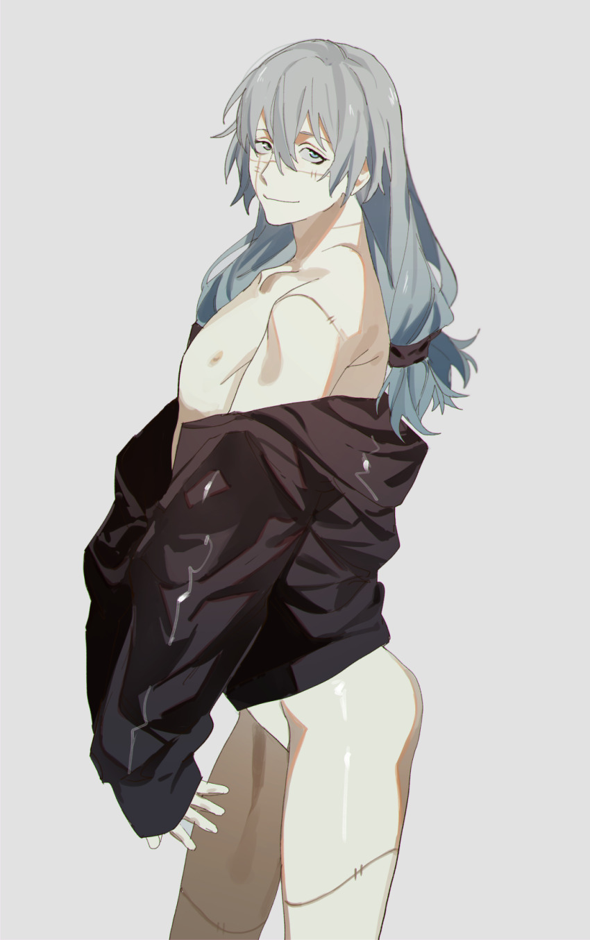 1boy, ass, bare_pectorals, bare_shoulders, black_jacket, blue_eyes, bottomless, closed_mouth, clothes_down, collarbone, cowboy_shot, eyebrows_hidden_by_hair, from_side, grey_background, grey_eyes, grey_hair, hair_between_eyes, hair_tie, heterochromia, highres, hymkky3, jacket, jujutsu_kaisen, light_smile, long_bangs, long_hair, long_sleeves, looking_at_viewer, low-tied_long_hair, mahito_(jujutsu_kaisen), male_focus, naked_jacket, nipples, no_penis, palms_together, partially_unzipped, pectorals, shiny_skin, sidelocks, simple_background, solo, standing, stitched_arm, stitched_face, stitched_leg, stitched_neck, stitches, tareme, undressing