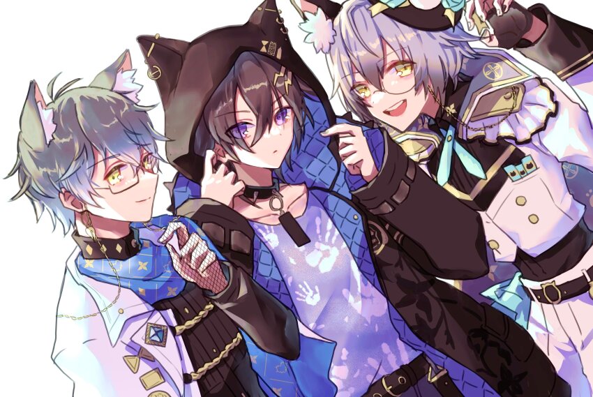 0_sakana_san, 1girl, 2boys, absurdres, animal_ears, animal_hood, belt, black_belt