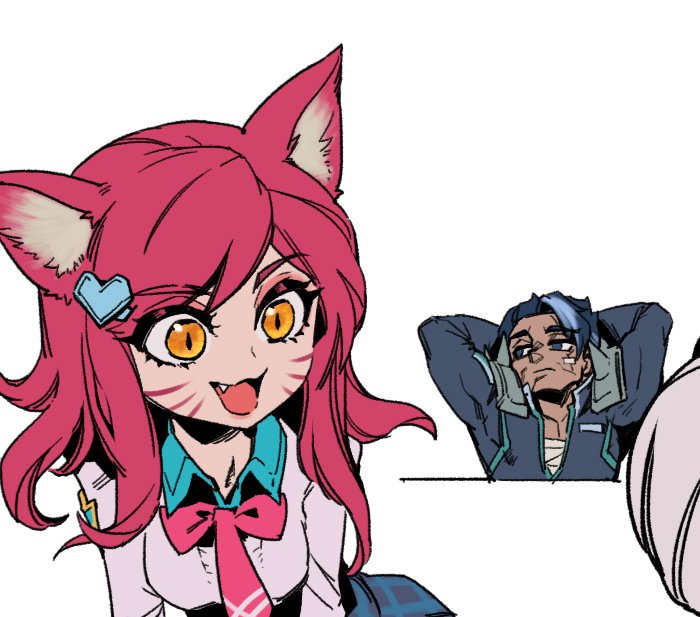 1boy, 1girl, academy_ahri, academy_darius, ahri_(league_of_legends), animal_ears, black_hair, bow, bowtie, breasts, closed_mouth, collarbone, collared_shirt, commentary, darius_(league_of_legends), facial_mark, fang, fox_ears, fox_girl, grey_hair, grey_shirt, hair_ornament, heart, heart_hair_ornament, large_breasts, league_of_legends, long_hair, orange_eyes, phantom_cross, pink_bow, pink_bowtie, plaid_clothes, plaid_skirt, red_hair, shirt, short_hair, simple_background, skirt, slit_pupils, untranslatable_commentary, whisker_markings, white_background
