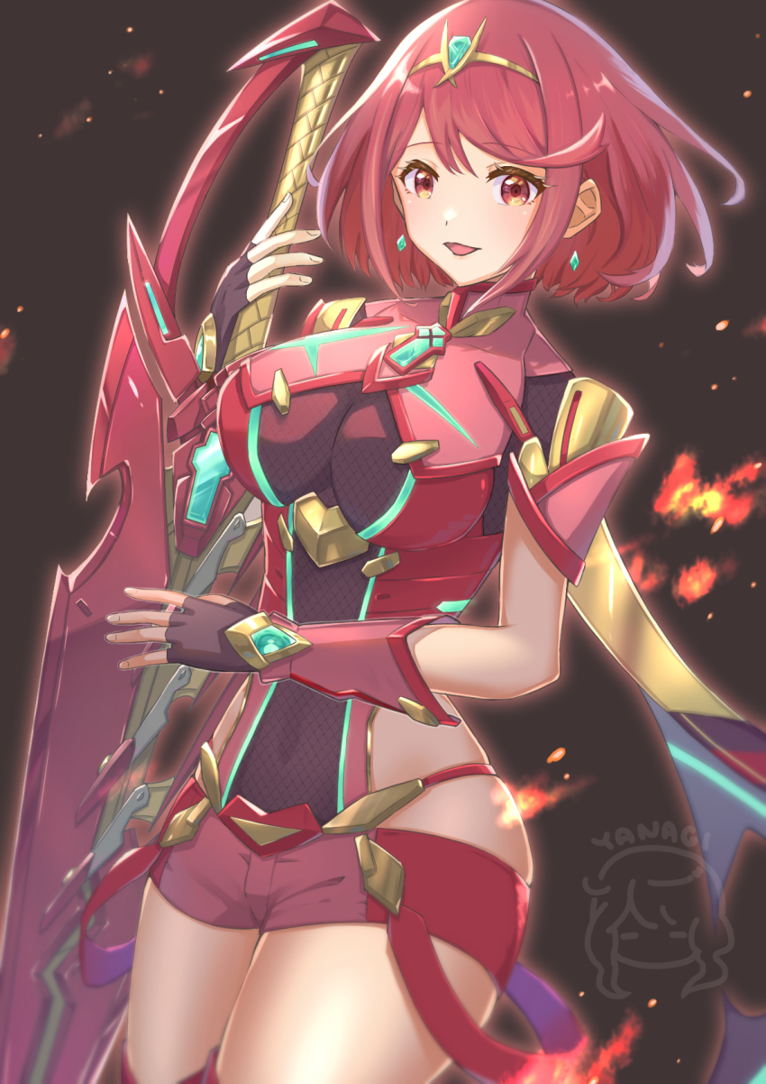 1girl, black_gloves, breasts, chest_jewel, commentary_request, cowboy_shot, earrings, fingerless_gloves, floating_earrings, gloves, high_collar, highres, holding, holding_sword, holding_weapon, jewelry, large_breasts, open_mouth, pyra_(xenoblade), red_eyes, red_hair, red_shorts, short_hair, short_shorts, shorts, signature, smile, solo, swept_bangs, sword, tiara, weapon, xenoblade_chronicles_(series), xenoblade_chronicles_2, yanagimachi