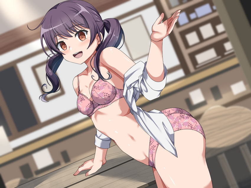 1girl, :d, absurdres, ass, bang_dream!, bang_dream!_girls_band_party!, bare_shoulders, blurry, blurry_background, blush, bra, breasts, brown_eyes, cafe, cleavage, commentary_request, counter, cowboy_shot, dutch_angle, empty_eyes, eyebrows, eyelashes, female_focus, floral_print, from_side, futaba_tsukushi, hand_on_table, hand_up, highres, indoors, karakuri_musha, long_hair, looking_at_viewer, looking_to_the_side, low_twintails, no_pants, off_shoulder, open_clothes, open_mouth, open_shirt, panties, pink_bra, pink_panties, print_bra, print_panties, purple_hair, shelf, shiny_skin, shirt, small_breasts, smile, solo, standing, stomach, table, teeth, time_stop, twintails, underwear, upper_teeth_only, white_shirt