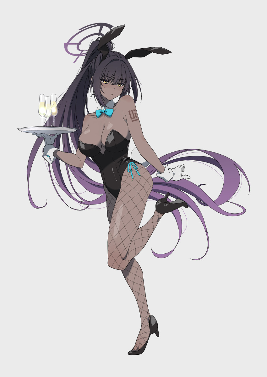 1girl, absurdres, animal_ears, aqua_bow, aqua_bowtie, asaka_(tokinobanken), black_footwear, black_hair, black_leotard, blue_archive, bow, bowtie, breasts, cocktail_glass, cup, dark-skinned_female, dark_skin, detached_collar, drinking_glass, fake_animal_ears, fake_tail, fishnet_pantyhose, fishnets, full_body, gloves, gradient_hair, grey_background, high_heels, highleg, highleg_leotard, highres, holding, holding_tray, karin_(blue_archive), karin_(bunny)_(blue_archive), large_breasts, leotard, long_hair, multicolored_hair, number_tattoo, official_alternate_costume, pantyhose, playboy_bunny, ponytail, purple_hair, rabbit_ears, rabbit_tail, shoulder_tattoo, side-tie_leotard, simple_background, solo, standing, standing_on_one_leg, strapless, strapless_leotard, tail, tattoo, traditional_bowtie, tray, very_long_hair, white_gloves, wrist_cuffs, yellow_eyes