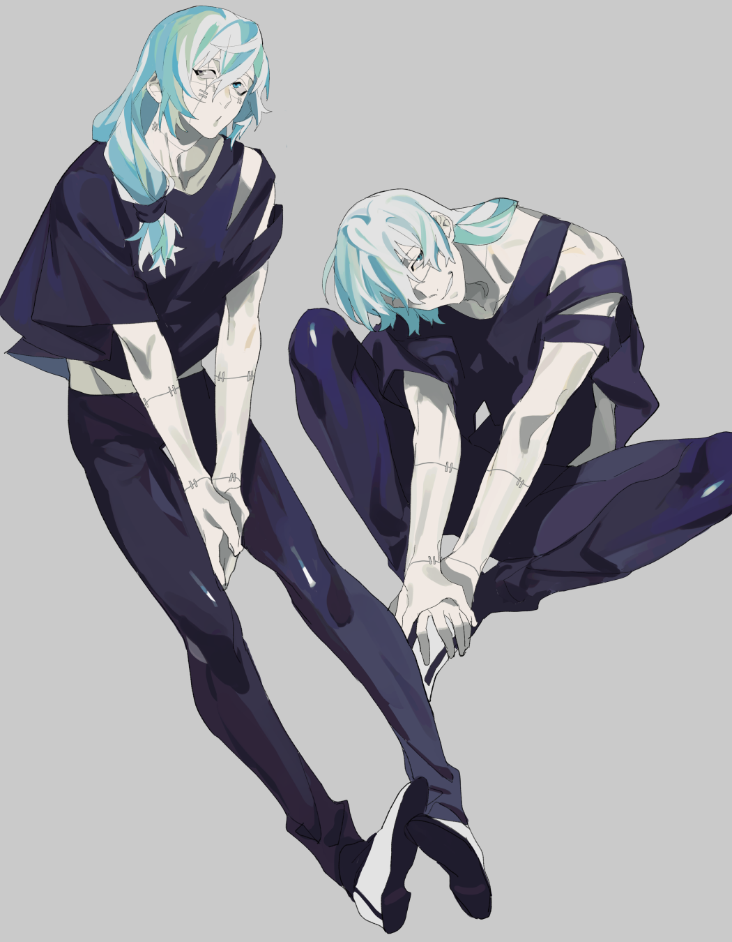 bare_shoulders, between_legs, black_pants, black_shirt, blue_eyes, blue_hair, butterfly_sitting, collarbone, eyebrows_hidden_by_hair, full_body, grey_background, grey_eyes, grin, hair_between_eyes, hair_over_shoulder, hair_tie, hand_between_legs, hands_on_feet, head_down, heterochromia, highres, hymkky3, jujutsu_kaisen, knees_apart_feet_together, leaning, leaning_forward, light_blue_hair, long_bangs, long_hair, looking_to_the_side, loose_clothes, loose_shirt, low-tied_long_hair, mahito_(jujutsu_kaisen), midriff_peek, one_eye_covered, open_mouth, palms_together, pants, puckered_lips, shirt, shoe_soles, shoes, short_sleeves, sidelocks, sideways_glance, simple_background, single_sleeve, sitting, smile, sneakers, standing, stitched_arm, stitched_face, stitched_neck, stitches, striped_clothes, striped_footwear, teeth, toes_up, v_arms, vertical-striped_footwear, white_footwear