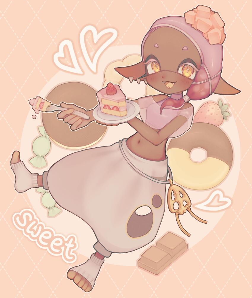 +_+, 1girl, :3, absurdres, arm_up, asymmetrical_hair, baggy_pants, bare_shoulders, blush, breasts, cake, candy, chocolate, clothing_cutout, colored_eyelashes, cream, crop_top, dark-skinned_female, dark_skin, donut, dutch_angle, earrings, english_text, fangs, female_focus, food, forehead, fork, fruit, frye_(deep_cut_outfit)_(splatoon), frye_(splatoon), full_body, gradient_hair, hagoromo, hair_ornament, hair_tie, hand_up, happy, heart, highres, holding, holding_food, holding_fork, holding_plate, inkling, jewelry, looking_at_viewer, medium_hair, midriff, multicolored_hair, multiple_earrings, narvi, navel, nintendo, object_on_head, open_mouth, orange_background, orange_eyes, outline, outstretched_arm, pancake, pants, pink_hair, pink_shawl, plate, pointy_ears, purple_shirt, red_hair, see-through_clothes, shawl, shirt, sidelocks, sleeveless, sleeveless_shirt, small_breasts, smile, socks, solo, splatoon_(series), splatoon_3, standing, stomach, strawberry, strawberry_shortcake, tentacle_hair, tentacles, toeless_legwear, two-tone_hair, white_outline, white_pants, white_socks, x_hair_ornament